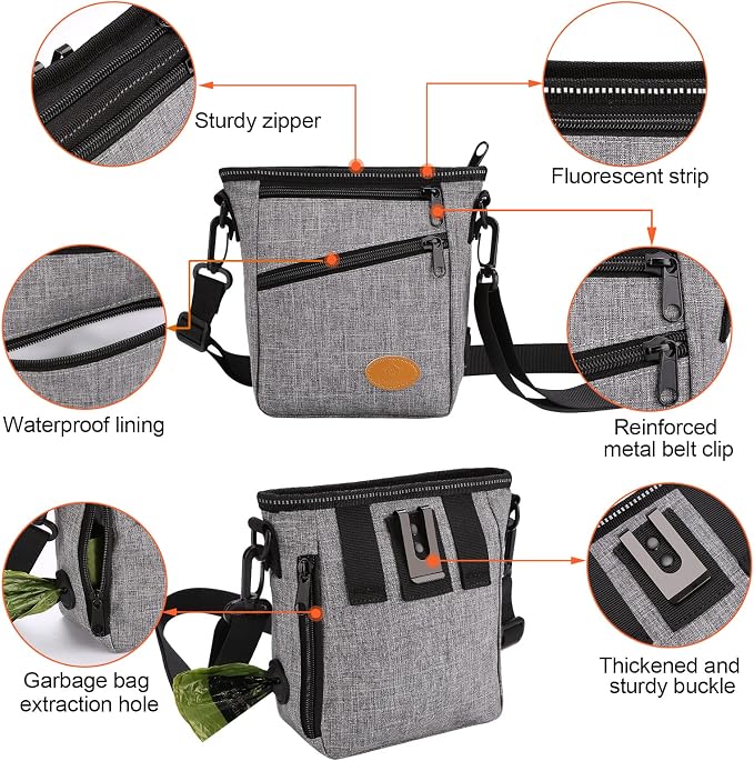 Ownpets Dog Training Pouch with Silicone Liner, Pet Treat Training Pouch with Collapsible Bowl, Shoulder Strap & Waist Strap, 4 Ways to Wear, Walking Fanny Pack for Dog Training - Grey