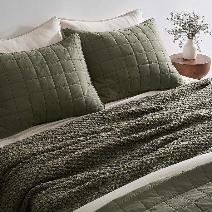 EVERGRACEHOME Chunky Chenille Knit Throw Blanket, 90 x 90, Olive Green | Sculpted Moss Stitch, Chic Modern Farmhouse, All-Season Warmth, OEKO-TEX® Certified, Oversized Queen for Couch, Bed, Sofa