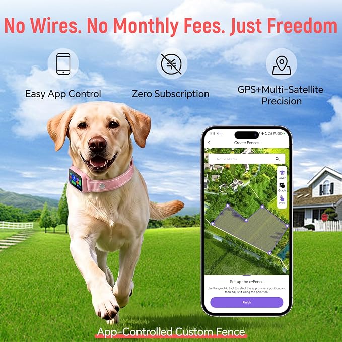 GPS Wireless Dog Fence & Remote Training Collar, Free APP Control, No Subscription Fee, Adjustable GPS Boundary, Pink, Dogs 10-120 lbs