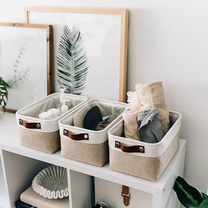 OrganiHaus 12x8in Canvas Storage Baskets, 6 Pack - Fabric Bins for Shelves | Vegan leather handles; a decorative pantry and office organizer, container for desk and books