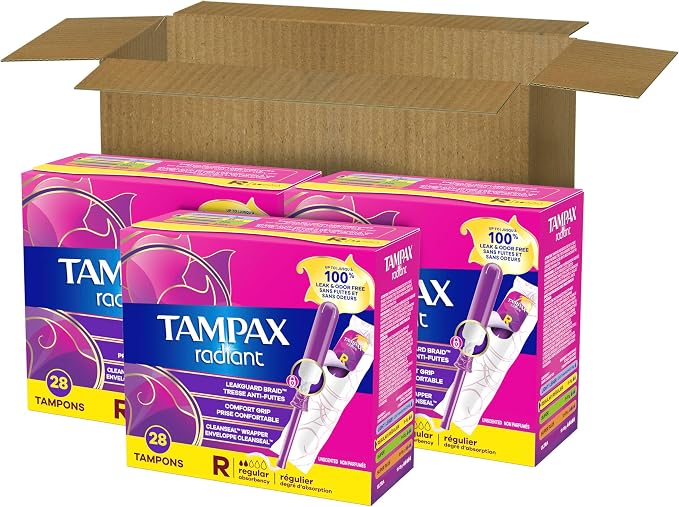 Tampax Radiant Tampons for Women, with LeakGuard Braid, Regular Absorbency, Unscented, 84 Count (3 Packs of 28), Packaging May Vary