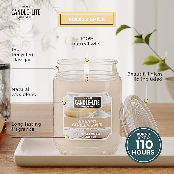 Candle-lite Fall Scented Candles, Creamy Vanilla Swirl, 18 oz Jar, Proudly Poured in The USA, Aromatherapy Candle, Single-Wick with 110 Hours of Burn Time, Perfect for Creating a Relaxing Ambiance