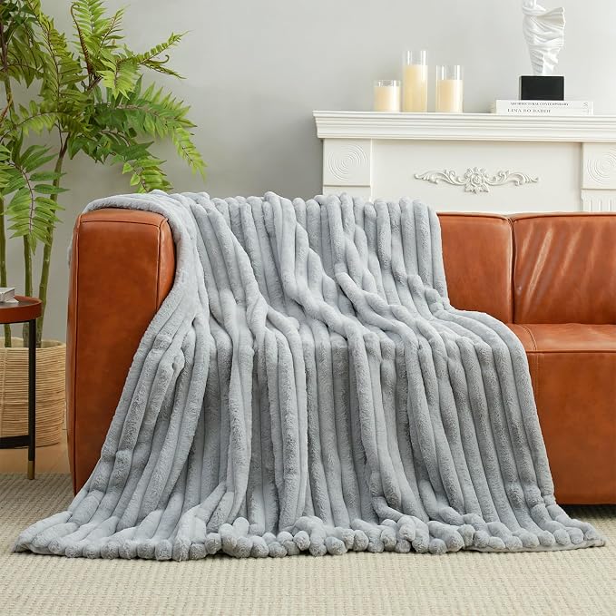 Faux Fur Throw Blanket for Couch, Cozy Fuzzy Fluffy Fur Luxurious Soft Striped Plush Gift Blankets for Family Sofa Chair, 60"x80", Light Grey