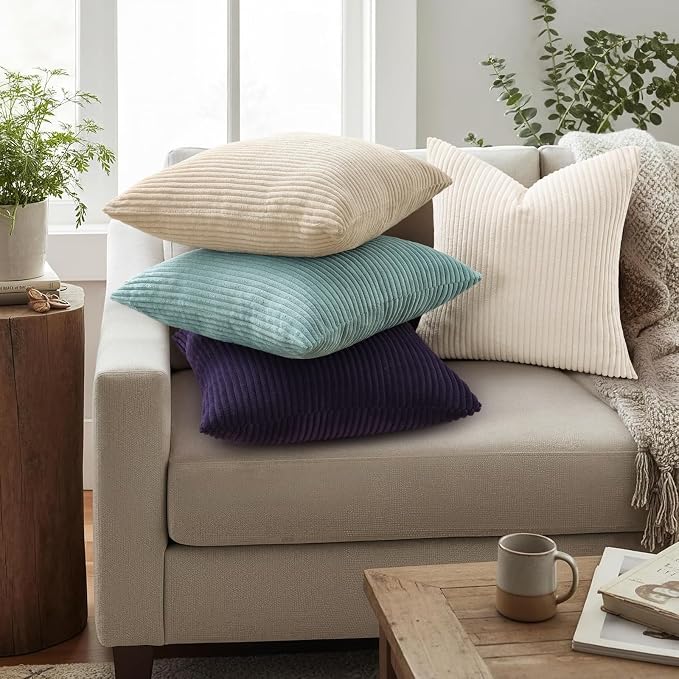 Mecatny Corduroy Decorative Throw Pillow Covers 20x20 Set of 2 Aqua | Soft Striped Texture, Hidden Zipper Design, Neutral Boho Square Pillow Cases for Sofa Couch Living Room Bedroom, Home Décor