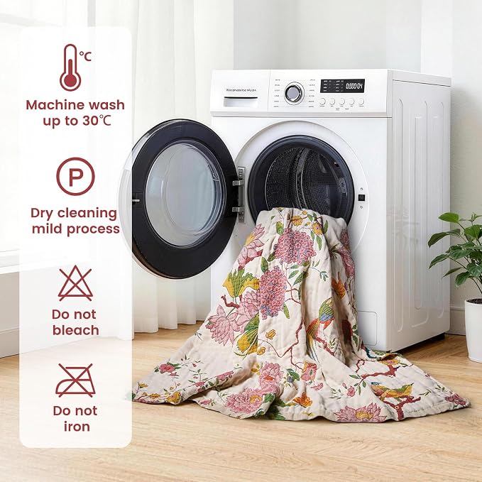 MSGKV Boho Throw Blanket 60"x80" Cotton Chinoiserie Bird Blanket for Couch | 100% Cotton Throw, Chinoiserie Floral Bird, Reversible Woven, Breathable Lightweight, Decorative Accent, Machine Washable