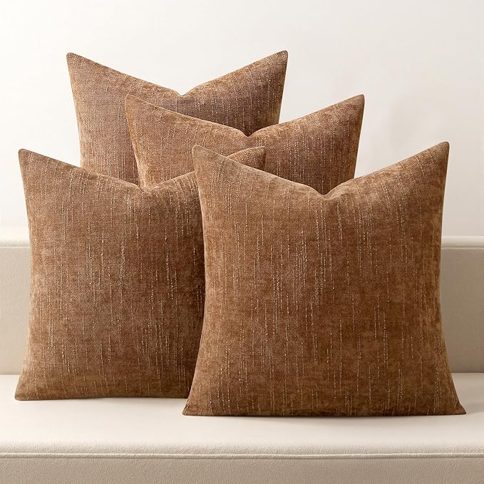 MIULEE Pack of 4 Fall Decorative Throw Pillow Covers 18x18 Inch Chenille Textured Throw Pillows Boho Farmhouse Rustic Cushion Covers Vintage Home Decor for Couch Sofa Bed Living Room，Camel