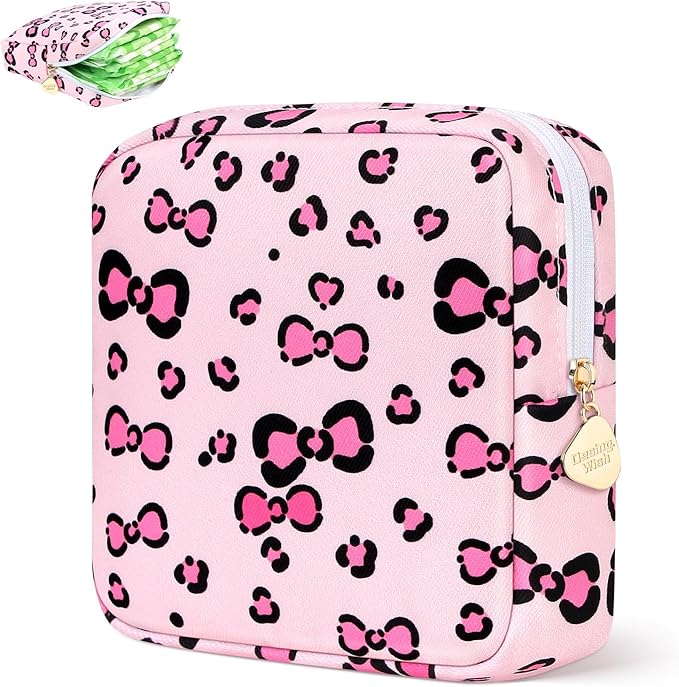 Sanitary Pad Storage Bag Portable Period Bag for Teen Pads/Sanitary Napkins/Small Tampons, Sanitary Napkin Storage Bag First Period Gifts for Teen Girls (Leopard Print Bowknot)