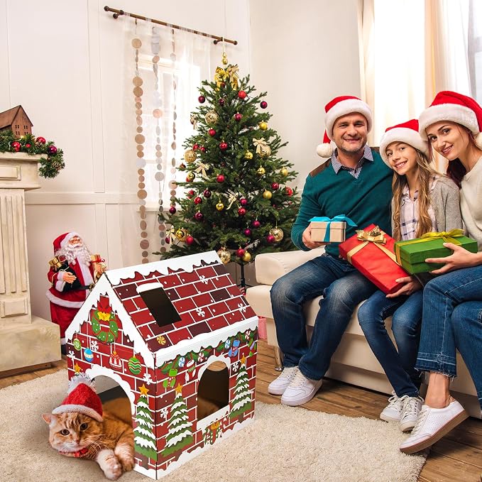 Cinrobiye Christmas Cardboard Cat House with Scratcher Pet Gingerbread Board Bed Cave Playhouse Hideaway Hideout Condo Decor Small Animals Scratch Box for Indoor Cats Kittens Rabbits Bunny (Red, 1)