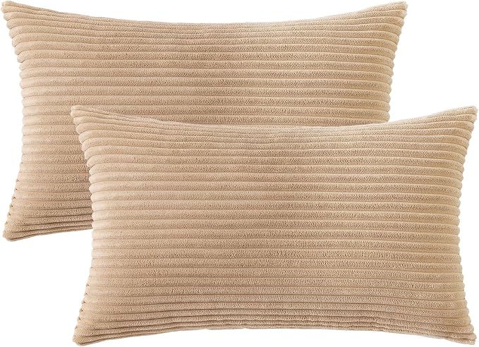 Mecatny Corduroy Fall Decorative Throw Pillow Covers 12x20 Set of 2 Khaki | Soft Striped Texture, Hidden Zipper Design, Neutral Boho Lumbar Pillow Cases for Sofa Couch Living Room Bedroom, Home Décor
