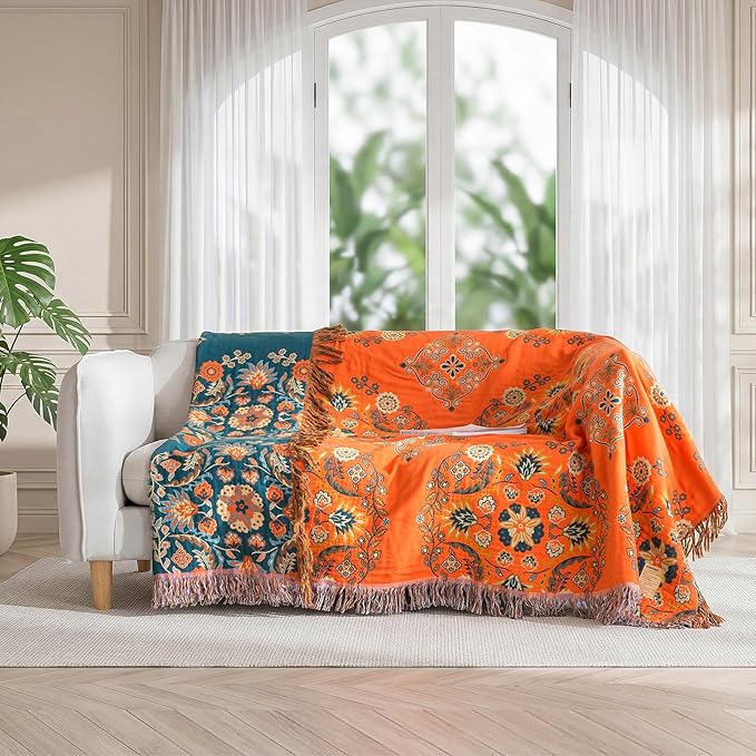 LUTBM Boho Throw Blanket for Bed 60"x80", 100% Cotton Orange Couch Blankets | Soft Reversible Floral Jacquard, All-Season, Twin Quilt for Chair Sofa Living Room, Lightweight & Breathable, Home Decor Gift