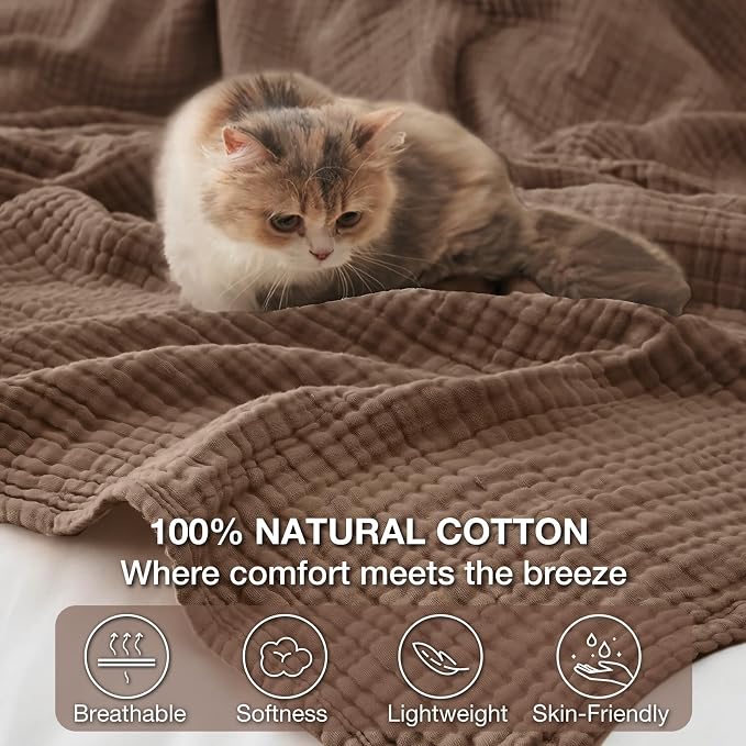 100% Cotton Muslin Blanket 50" x 60", Breathable and Lightweight Cotton Throw Blankets for Couch, Soft Cooling Summer Gauze Blanket for Adults All Season, Tan