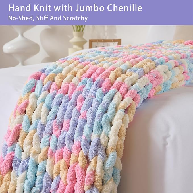 Bigacogo Chunky Knit Throw Blanket for Couch, 40x60 inches, PastelDreamMix | Hand Knit with Jumbo Chenille, Soft Breathable Cable Knit for Sofa Bed Living Room, Machine Washable, Gift for Mom Friend