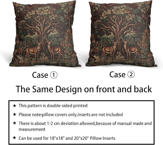 Forest Deer Pillow Covers 16X16 Inch Set of 2 Nature Burnt Orange Green Tree Animal Decorative Square Pillow Cases Aesthetic Rustic Botanical Cushion Case Farmhouse Home Decor for Sofa Couch