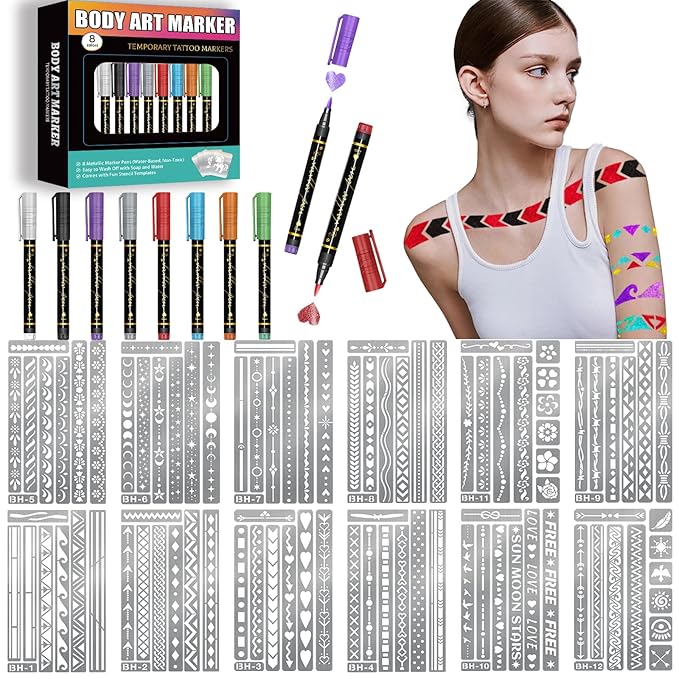 Temporary Tattoo Markers for Skin, 8 Body Markers + 84 Minimalist Armband Tattoo Stencil for Kids Adult, Flexible Brush Tip & Bright Colors Body Marker and Tattoos Stencils Set for Party Favor Gift
