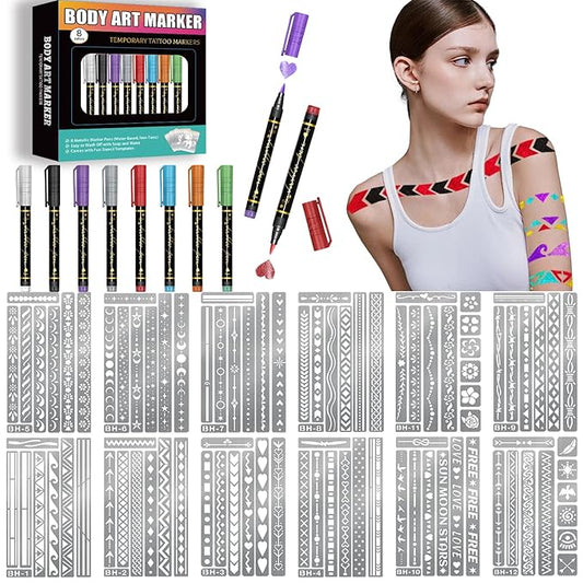 Temporary Tattoo Markers for Skin, 8 Body Markers + 84 Minimalist Armband Tattoo Stencil for Kids Adult, Flexible Brush Tip & Bright Colors Body Marker and Tattoos Stencils Set for Party Favor Gift