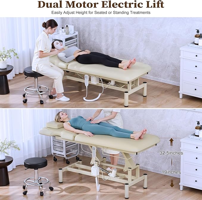 Olela 2 Motor Electric Massage Table, Professional Massage Table with Electric Adjustable Height & Backrest, Wide Treatment Tables with Metal Frame, PU Leather for Massage, Spa, Tattoo