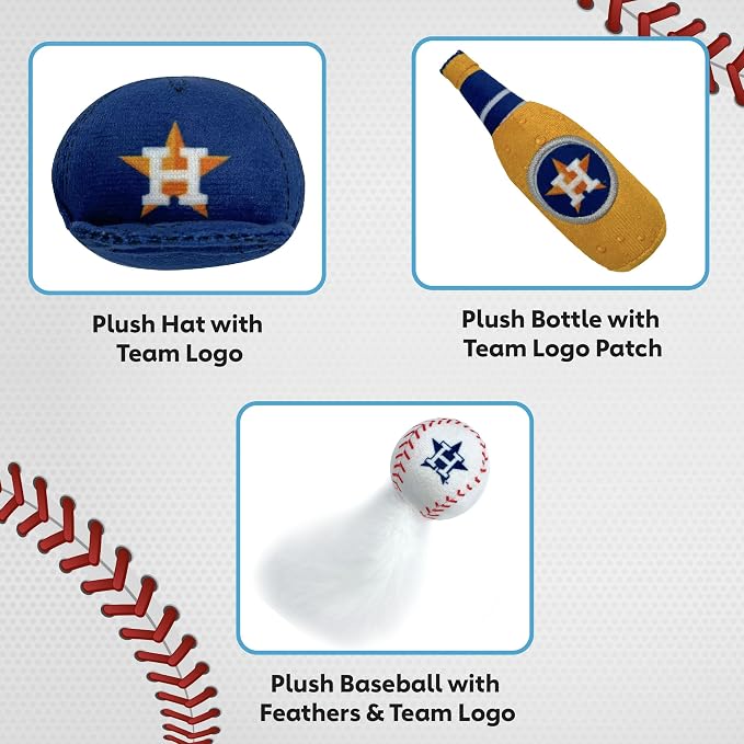 BEST PLUSH CAT TOY - MLB HOUSTON ASTROS Complete Set of 3 piece Cat Toys filled with Fresh Catnip. Incld: 1 Baseball Cap Cat Toy, 1 Baseball Cat Toy with Feathers & 1 Beer Bottle. Beautiful Team LOGOS
