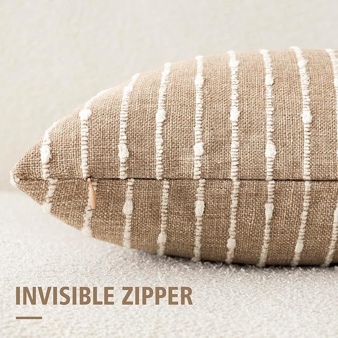 Foindtower Pack of 2 Decorative Jacquard Boucle Lumbar Throw Pillow Covers Accent Textured Striped Pillowcases Cozy Boho Cushion for Couch Sofa Bedroom Living Room Home Decor 12x20 Inch Camel