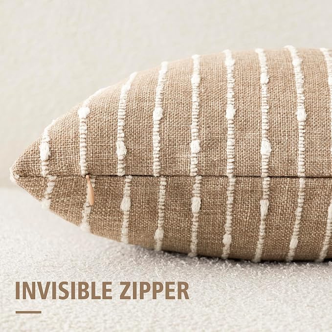 Foindtower Pack of 2 Decorative Jacquard Boucle Throw Pillow Covers Accent Textured Striped Pillowcases Soft Cozy Boho Modern Cushion for Couch Sofa Bedroom Living Room Home Decor 20x20 Inch Camel