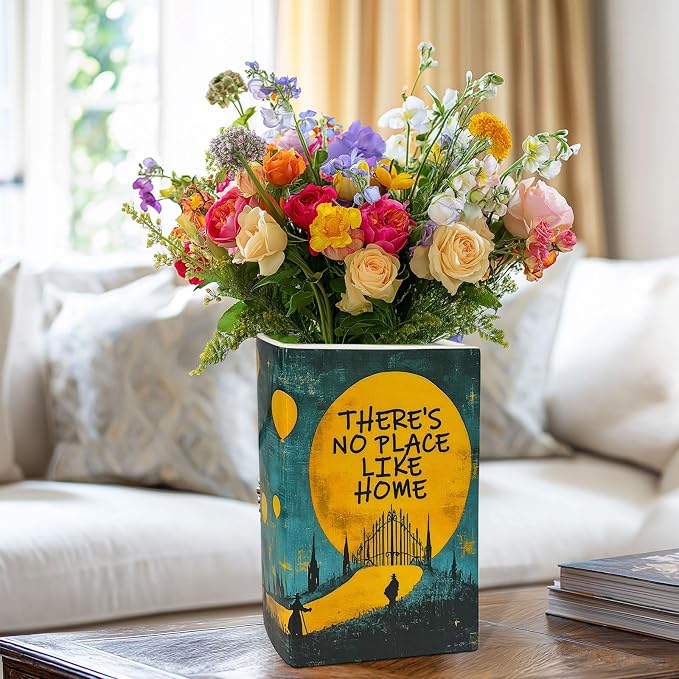 LIFFY Book Vase for Flowers, Ceramic Flower Vase Bookshelf Decor, Unique Book Shape Decration Vase Bookend Gift for Book Lovers(Teal Blue, Wizard of Oz)