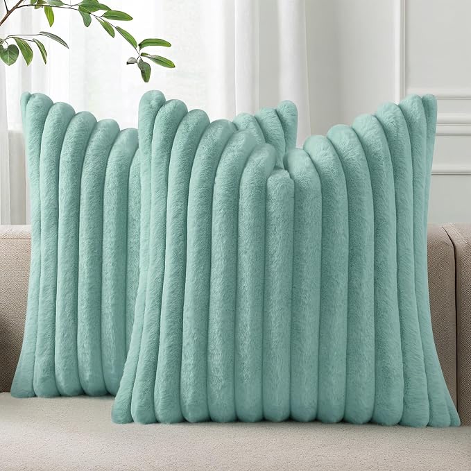 Pallene Faux Fur Decorative Throw Pillow Covers 26x26 Set of 2, Aqua | Luxury Plush Texture, Striped Design, Cozy Soft Touch, Modern Home Accent Decor for Couch, Sofa, Bed, Living Room