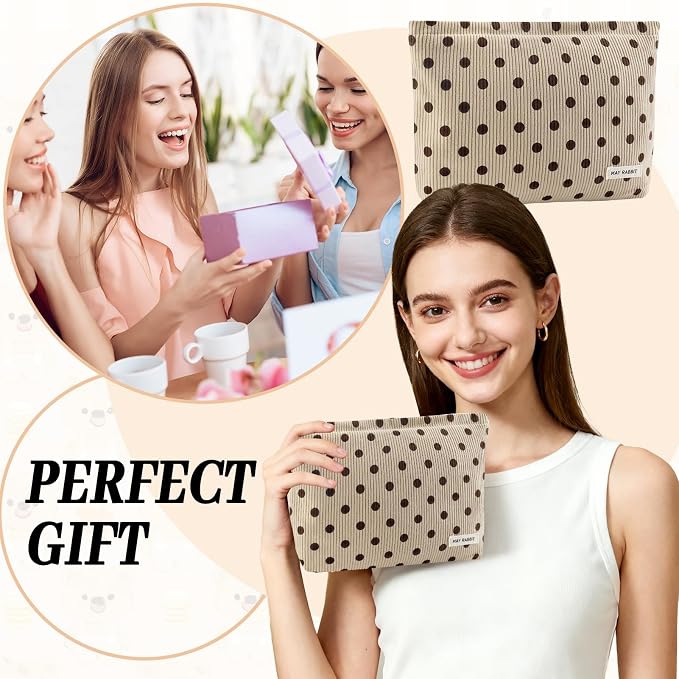 ZLFSRQ Corduroy Makeup Bag for Women Girls Cute Polka Dot Cosmetic Bag for Purse Large Capacity Trendy Zipper Makeup Pouch Toiletry Pouch Aesthetic Skincare Make Up Essentials Organizer Bags (Beige)