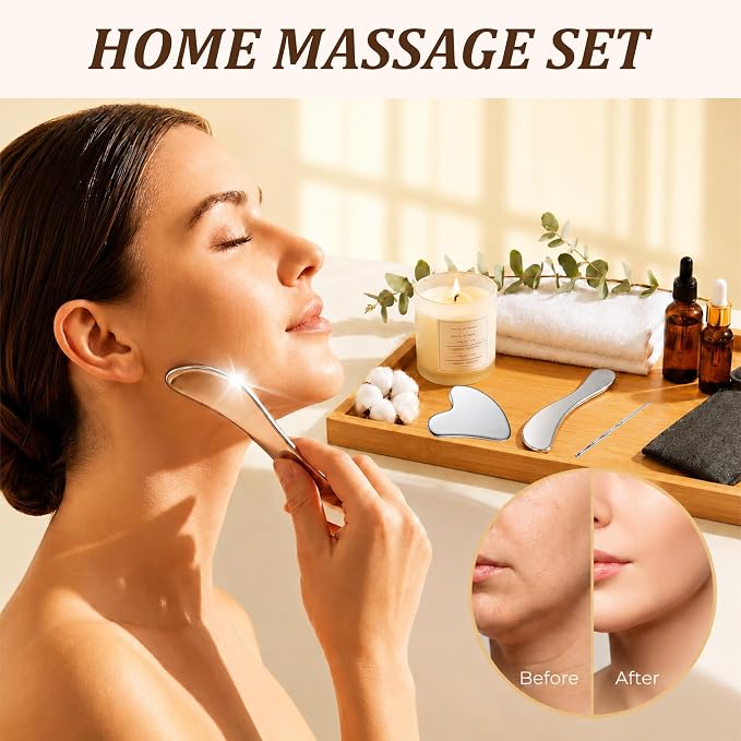 Stainless Steel Muscle Scraper Tool Set, 3-in-1 Gua Sha and Trigger Point Massager with 3mm Smooth Edges to Break Down Scar Tissue and Reduce Face Puffiness for Physical Therapy, Metal Gua Sha Tool