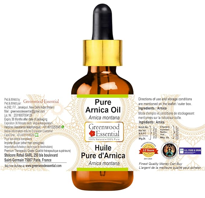 Greenwood Essential Arnica Oil (Arnica montana) with Glass Dropper | Infused | Pure | Non-Sticky | Lightweight | For Massage Preparation| Natural | Ayurvedic | Unisex | All Skin Type|100ml (3.38 oz)