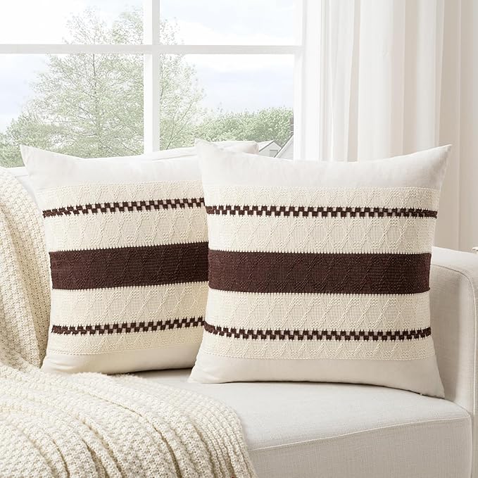 Fancy Homi Set of 2 Boho Brown Decorative Throw Pillow Cover 16x16 Inch for Couch Bed Sofa, Aesthetic Modern Organic Farmhouse Home Decor, Soft Cotton Cute Accent Macrame Woven Cushion Case