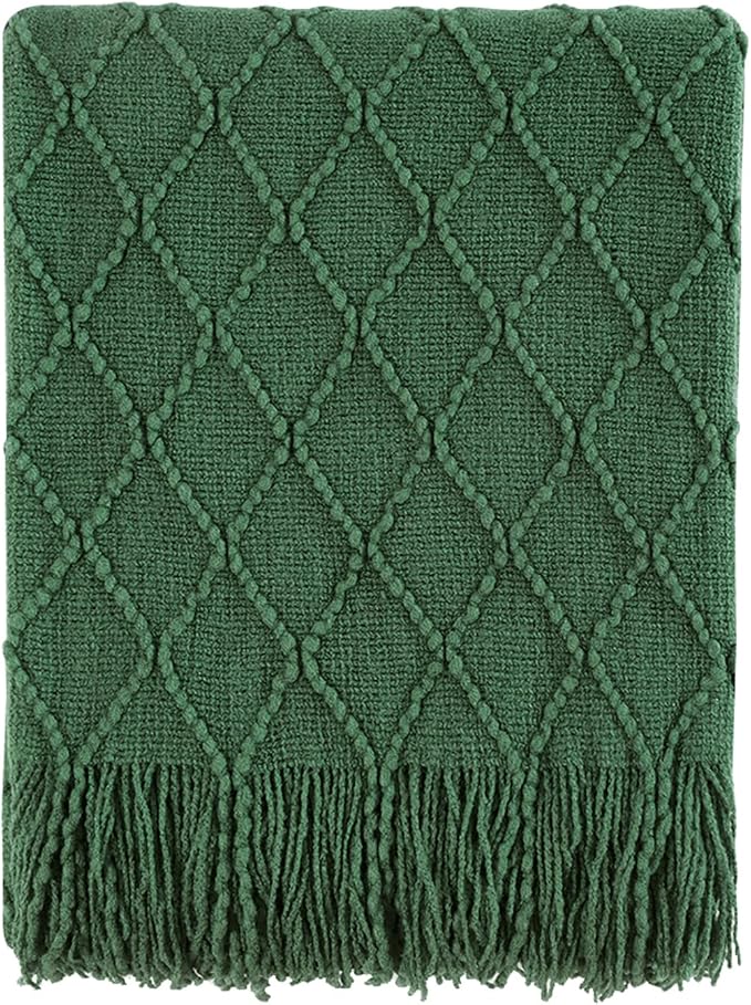 BOURINA Green Throw Blanket 50x60 Inch Boho Knitted Soft Throw Sofa Blanket | Knitted Throw Blanket 50x60 Inches, Soft Lightweight Boho Weave Throw Decorative Couch Blanket for Living Room Bedroom Chair