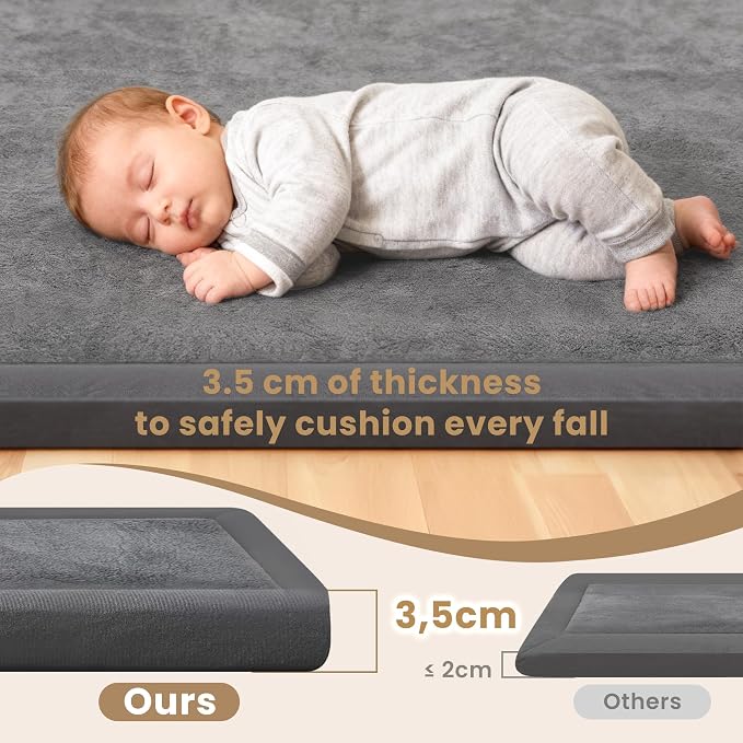 ACOMOPACK Baby Play Mat for Floor 1.3" Thick Memory Foam Play Mat 71"×79" Tummy Time Crawling with Non-Slip Bottom for Living Room,Nursery,Soft Velvet Playpen Mats for Kids,Infants（Dark Grey）