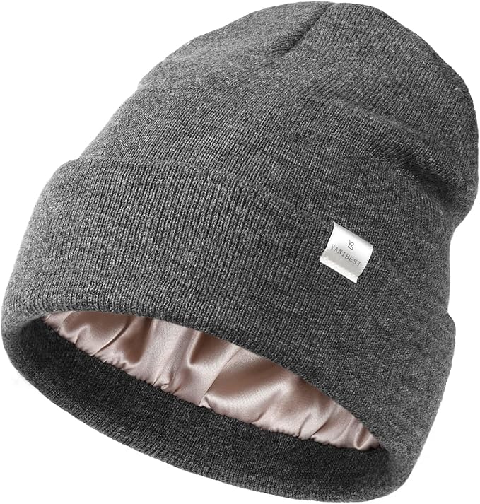 YANIBEST Satin Lined Beanie for Women Reduce Frizz Winter Hats for Women Men Silk Lining Soft Slouchy Warm Cuffed Less Static