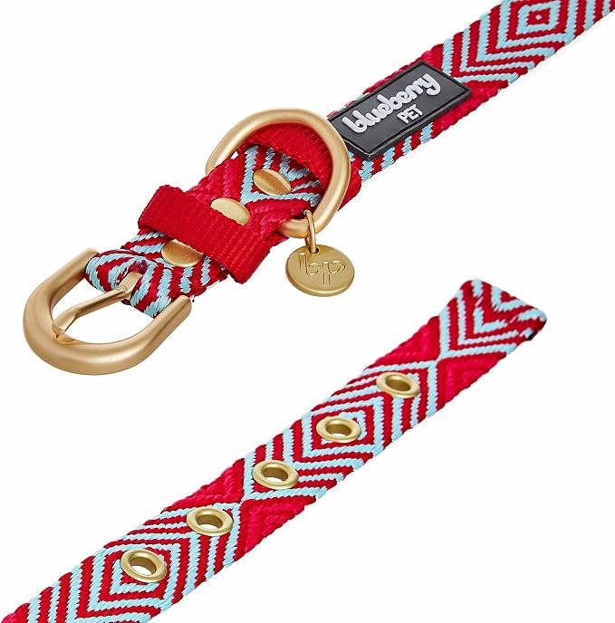 Blueberry Pet Southwestern Tribal Lozenges Stylish Red Adjustable Dog Collar with Metal Buckle, Neck 19.5-26", for Large Breed