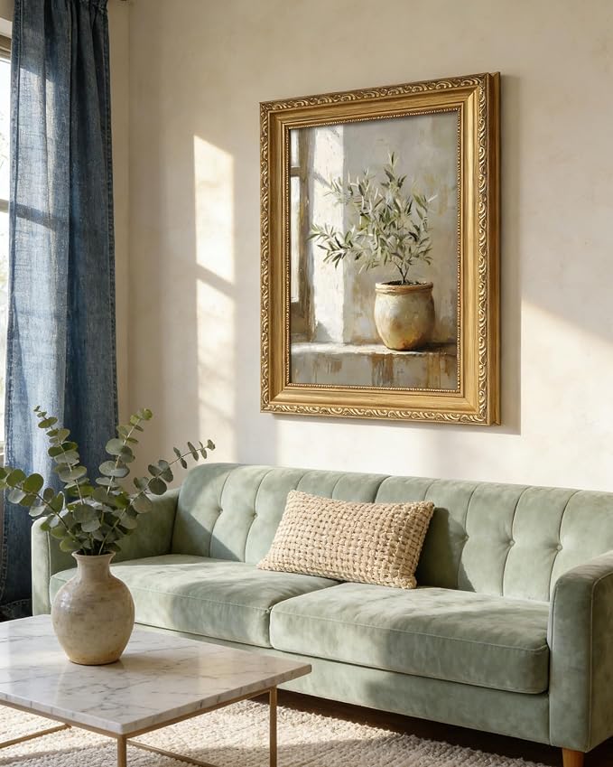 Vintage Gold Framed Wall Art Rustic Olive Branch Canvas Prints 12x16in | Farmhouse Still Life, Neutral Potted Plant Paintings, For Living Room Bedroom Kitchen