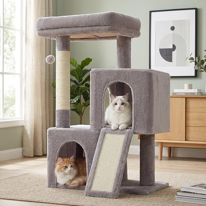 PAWZ Road Cat Tree, 35" Cat Tower with Dual Condos for Indoor Cats,Gray | cat tree tower with enlarged perch, scratching ramp, dual condos and large base for small & adult cats