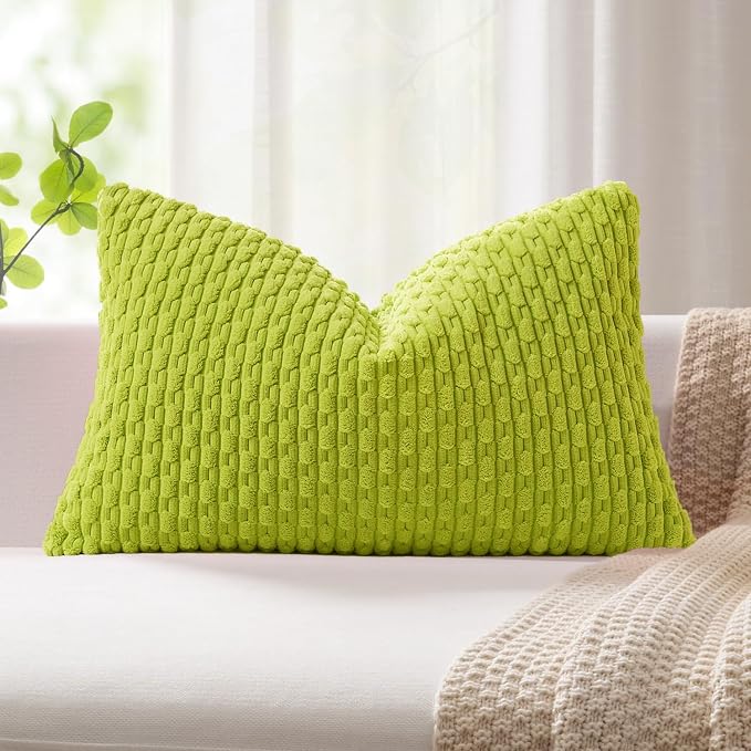 Kevin Textile Soft Corduroy 14"x24" Lumbar Pillow Cover 1 Pack, Xmas Green | Boho Stripe Plush Corduroy Decorative Oblong Cushion Cover Modern Farmhouse Home Decor for Sofa Couch Bed Chair