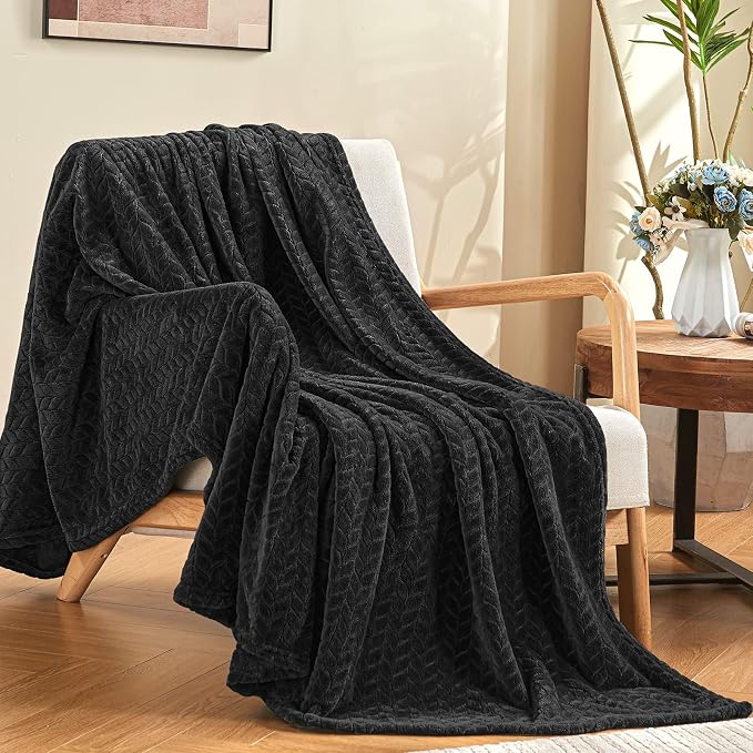 inhand Black Fleece Queen Blanket for Bed, Super Soft Flannel Cozy Blankets for Adults, Lightweight Leaves Pattern Fuzzy Blanket for Office,Travel, Warm Plush Blankets for All Season, 90x90 Inches