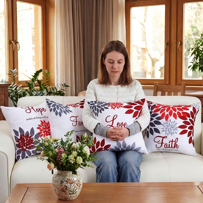Tatuo 4 Pcs Flower Pillow Covers Square Summer Pillow Cushion Cases 18 x 18 Inch Family Faith Hope Love Words Decorative Spring Winter Cushion Case for Bed Couch Sofa Living Room(Red Series)