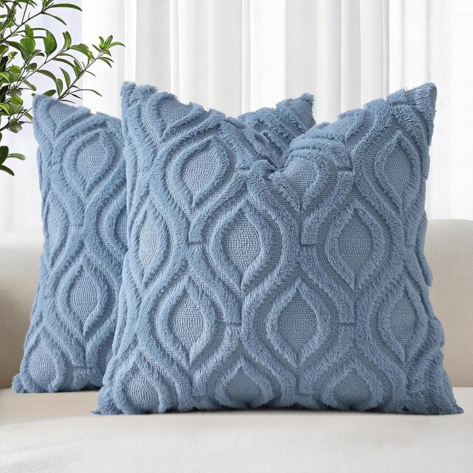 decorUhome Faux Fur Soft Dusty Blue Throw Pillow Covers 18x18 Set of 2 | Plush Solid Fall Couch Pillow Covers, Accent Modern Farmhouse Neutral Decorative Square Pillow Cases for Sofa Bed Living Room