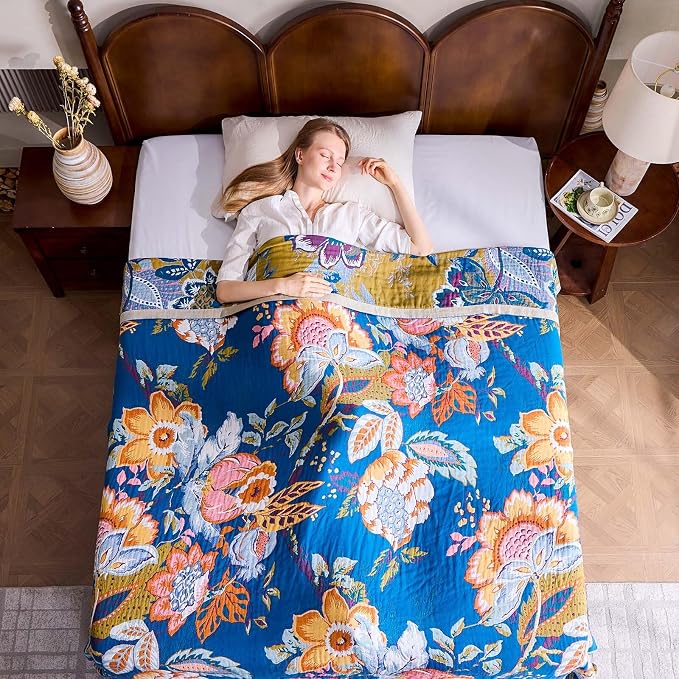 XIBLC Boho Throw Blanket, Blue Lightweight Blankets for Summer, 100% Cotton Bohemian Decorative Throw Blanket, 80"x90" Reversible Muslin Breathable Woven Farmhouse Blankets Quilt,