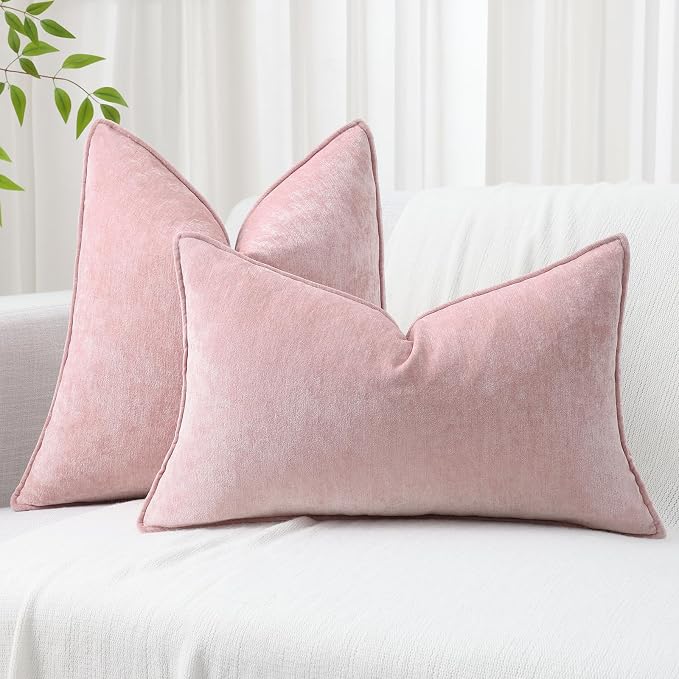 decorUhome Chenille Blush Pink Velvet Throw Pillow Covers 18x18 Set of 2 | Fall Soft Couch Decorative Modern Farmhouse Pillow Cases with Elegant Design for Sofa Bed Living Room Home Decor