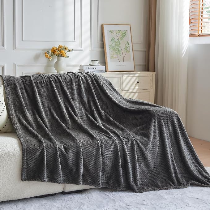 NEWCOSPLAY Fleece Leaves Pattern Twin Blanket, Dark Grey, 60"x80" | Super Soft Throw Blanket, Lightweight Cozy Bed Sofa Blanket, Premium Silky Flannel Fleece, Travel Blanket for All Season Use
