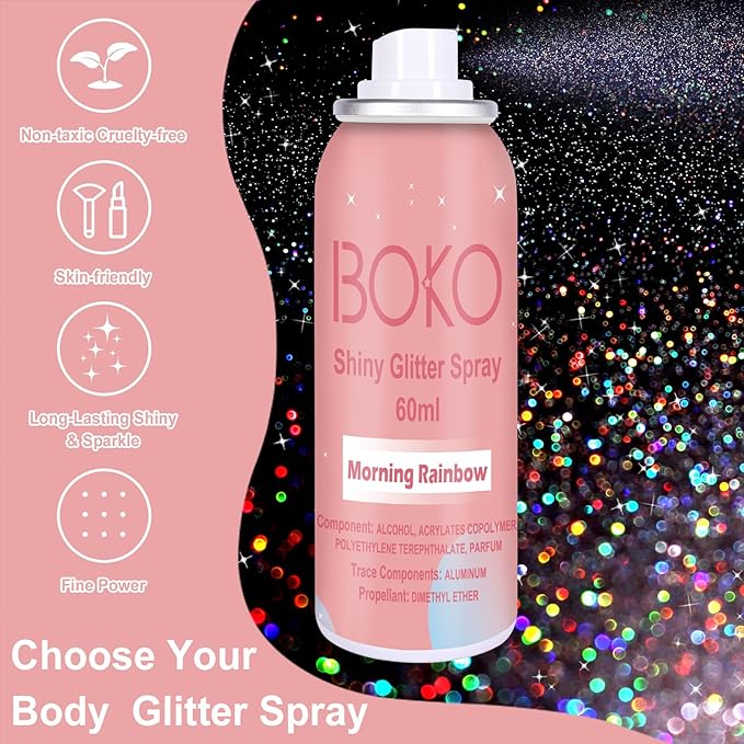 Boko Body Glitter Spray, 60ML Holographic Silver Glitter Spray for Body Hair Clothes, Quick-Drying and Long-Lasting Glitter Hairspray Body Shiny for Festival Music Concert Party Rave Accessories
