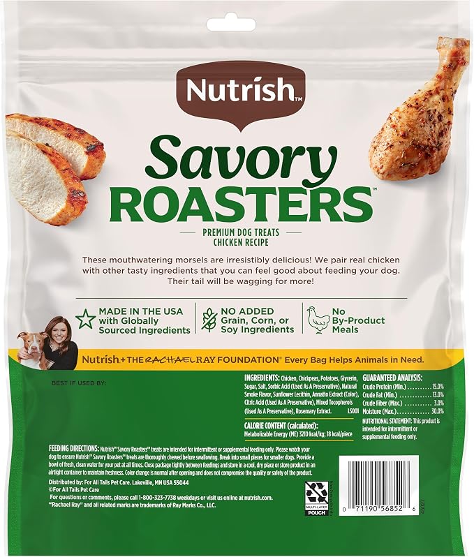 Nutrish Savory Roasters Dog Treats with Chicken, 30 oz. Pouch (Rachael Ray) | Grain Free Recipe with No Added Corn or Soy Ingredients, Veterinarian Reviewed Formula, Resealable Bag