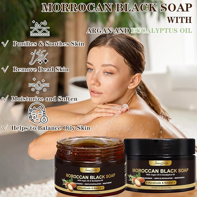 2 Pack Moroccan Black Soap Hammam, Morocco Body Scrub with Exfoliating Glove, Exfoliating Body Cleanser, Argan Oil & Eucalyptus – Deep Cleansing, Softens Skin