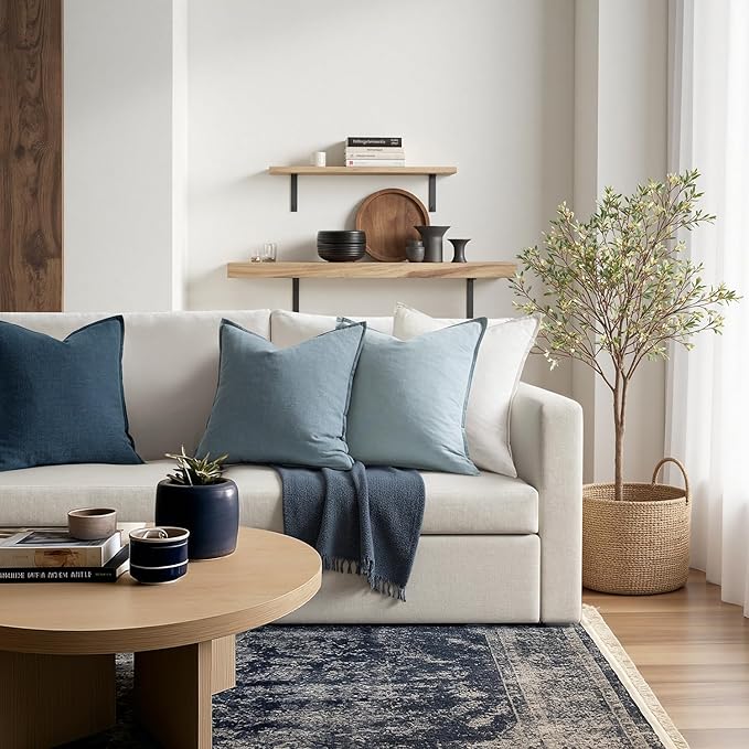 MIULEE Blue Boho Linen Decorative Pillow Covers 18x18 Inch Pack of 4 | Natural Throw Pillow Covers, Soft Farmhouse Couch Pillowcases, Modern Home Decors for Living Room Bed Sofa
