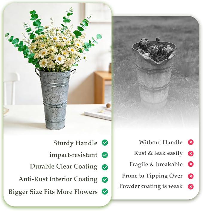 15 Inch Galvanized Metal Flower Buckets, Set of 2 - Rustic Tin Vases with Handles for Farmhouse & Wedding Decor, Tall Planters for Cut Flowers, Table Centerpiece & Home Organization
