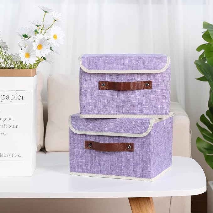 ANMINY Fabric Storage Box Bins with Lids, Purple, 10"x8"x7", 2 Pack | Keepsake Memory Storage, Cotton Linen, PP Board Reinforced, Washable, PU Handles, Foldable & Stackable, Decorative, Small
