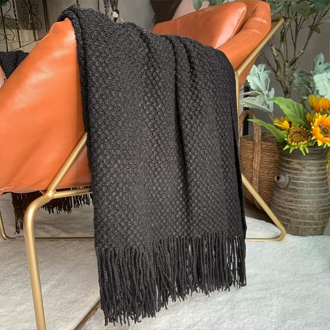 LOMAO Knitted Throw Blanket with Tassels Bubble Textured Lightweight Throws for Couch Cover Home Decor (Black, 50x60)
