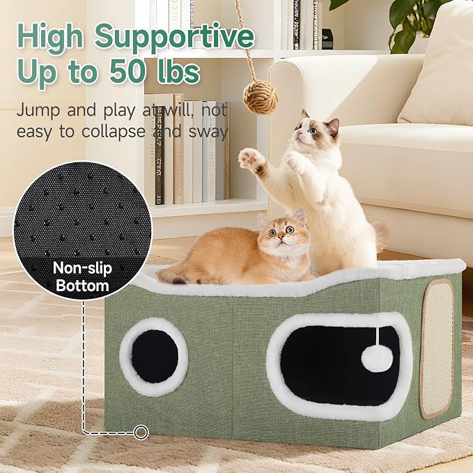 Shikha Extra Large Cat House Bed for Multi Cats with Scratch Pad Green | 24 x 17.7 x 12.6 IN Widen Cat Cave Cube for Multi Pets, Foldable, Arc-Edge Design, Oval Door, All Seasons Reversible Cushion